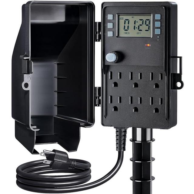 SURAIELEC Outdoor Power Stake, 7-Day Programmable Digital Timer, Power Strip Weatherproof, 6 Multi Plug Electrical Outlet Waterproof, 6FT Extension Cord, for Outside Yard Light, Halloween Decorations