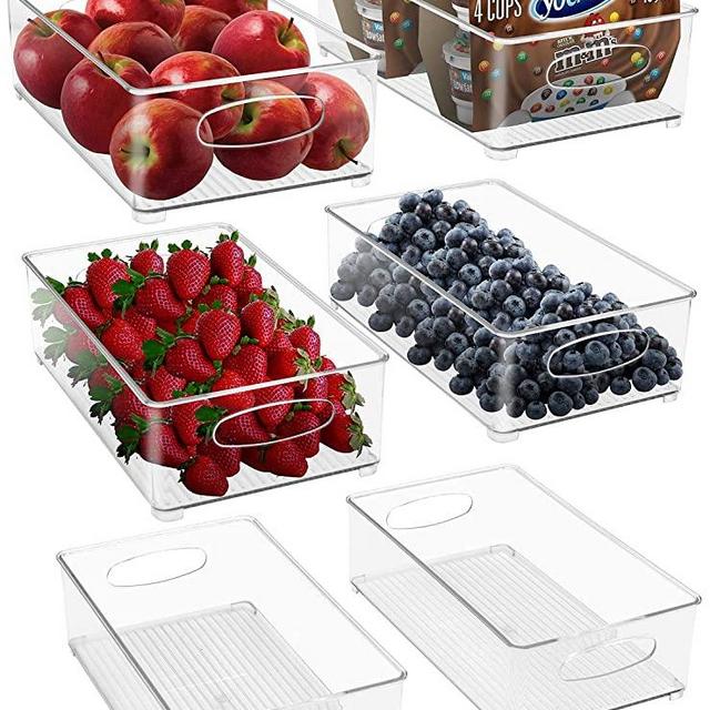 Sorbus Plastic Storage Bins Stackable Clear Pantry Organizer Box Bin Containers for Organizing Kitchen Fridge, Food, Snack Pantry Cabinet, Fruit, Vegetables, (Wide - Pack of 6)