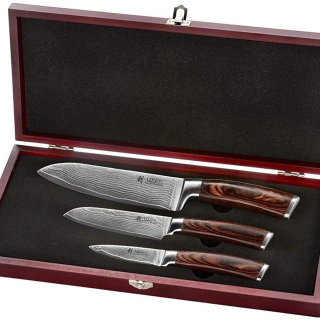Wakoli EDIB 3-pcs Damascus Knife Set I Professional Kitchen Knives made of Japanese Damascus Steel VG10 Chef Knife Set with Pakka Wood Handle in Gift Box