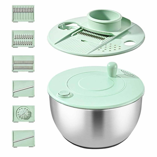 Stainless Steel Salad Spinner Large, 5.2Qt Vegetable Washing Bowl and 3-in-1 Mixing Bowl with 6 Blade Slicer and Non-Slip Base for Efficient Salad Prep and Food Washing (Green)