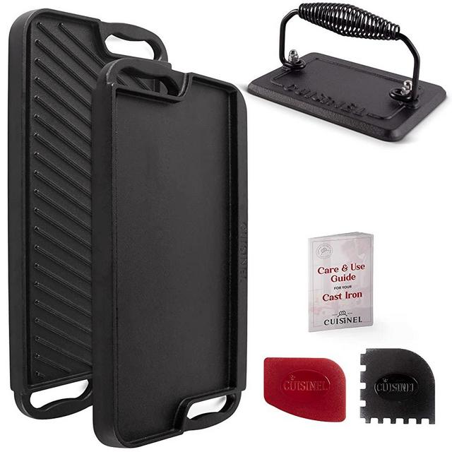 Cast Iron Griddle / Grill + Burger Press + Pan Scrapers - Reversible Pre-Seasoned 20" X 10"-inch Dual Handle Flat Skillet and Griller Pan + Cleaning Accessories - Indoor/Outdoor Stove Burner, Gas Safe