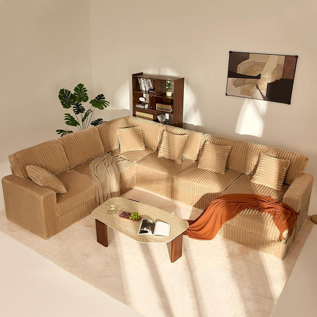 Cloud Couch 139" U-Shaped Sectional Sofa, Oversized 7-Seater Modular Couch with Corduroy Upholstery, Deep Seats, High Backrest & Pocket Spring Cushions for Living Room, Right Facing Chaise, Camel