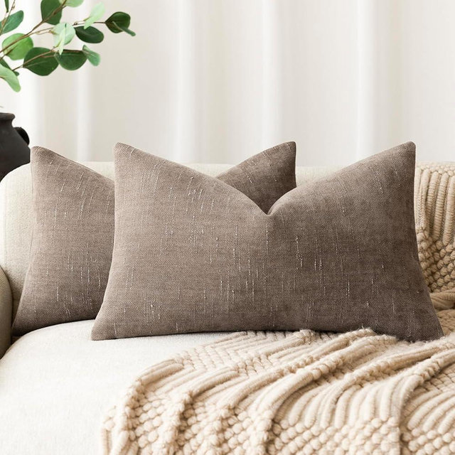 Foindtower Pack of 2 Soft Textured Throw Decorative Pillow Covers Lumbar Accent Solid Cushion Cover Cozy Farmhouse Pillow Case with Zipper for Couch Sofa Bed Living Room 12x20 Inch, Taupe