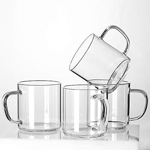 LUXU Glass Coffee Mugs Set of 4,Large Wide Mouth Mocha Hot Beverage Mugs(14oz),Clear Espresso Cups with Handle,Lead-Free Drinking Glassware,Perfect for Latte,Cappuccino,Hot Chocolate,Tea and Juice