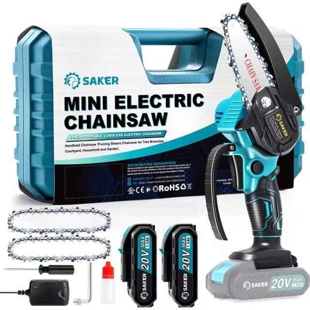 Saker Mini Chainsaw,Portable Electric Cordless Chainsaw,Battery Powered,Small Power Handheld Chain Saws Pruning Shears for Tree Branches,Courtyard and Garden,(2PCS 20VBatteries&3 PCS Chains Blue)