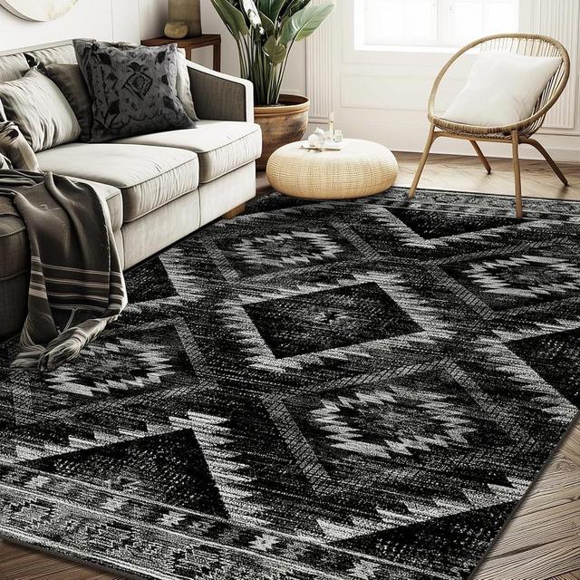 Area Rug 5x7 Rug Machine Washable Non-Slip Low Pile Print Pattern Western Rug for Living Room Bedroom Entryway-Black