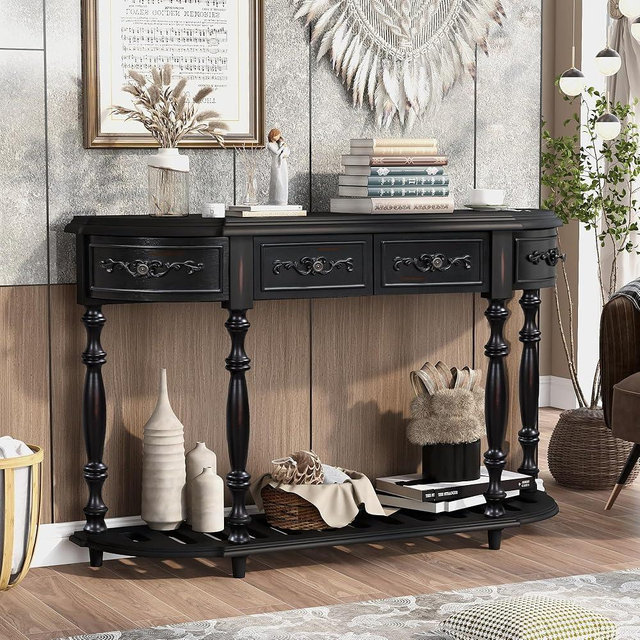 Knocbel Vintage Entry 4-Drawer Console Table with Open Slatted Shelf, Entryway Hallway Foyer Sofa Table with Legs, 52" W x 13" D x 32" H (Antique Black)