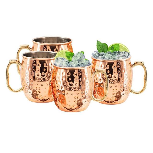 Kitchen Science Moscow Mule Mugs, Stainless Steel Lined Copper Moscow Mule Cups Set of 4 (18oz) | Stainless Steel Mug w/ New Thumb Rest | Tarnish-Resistant Steel Interior, Food Grade Copper Exterior