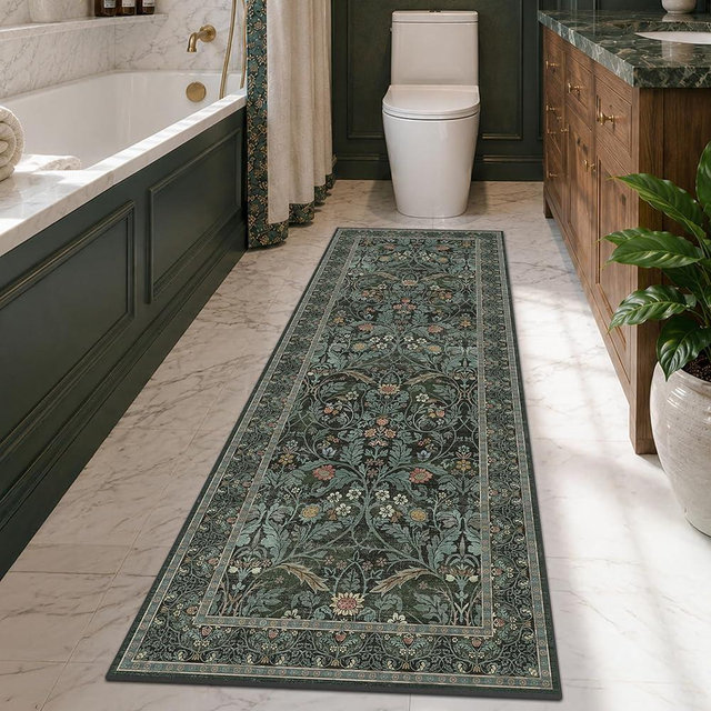 Dark Green 2x6 Washable Runner Rug Non Slip - Bathroom Kitchen Runner 6ft - Floral Soft Thin Rug Non Skid for Bath Entryway Hallway, Vintage Low Pile Stain Resistant Floor Carpet