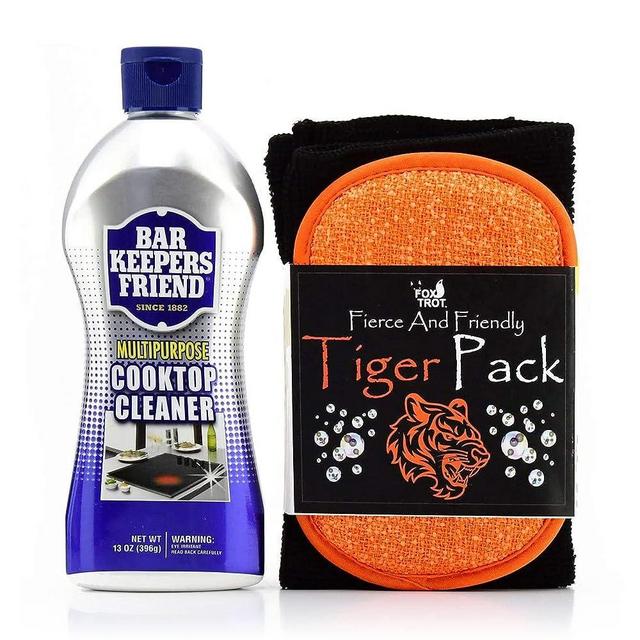 Fox Trot Bar Keepers Friend Cooktop Cleaner, 13oz Multipurpose Cleaner, Stove Top Cleaner Bundle, includes Tiger Pack Black Pro-Grade Microfiber Towel and Dual-Sided Sponge