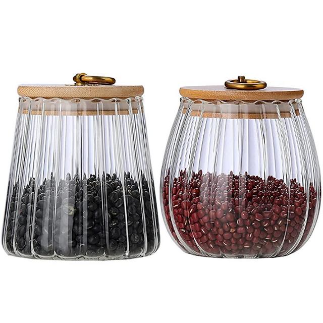 Glass Coffee Nuts Canister Airtight Storage Jar Petal Decorative Container with Bamboo Lid Metal Handle Easy to Grasp 700ml (23oz) (Set of 2)