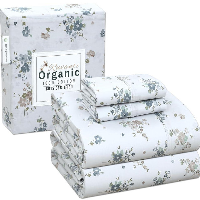 RUVANTI 100% Organic Cotton Sheets - Certified for GOTS - Breathable & Comfortable King Size Sheets Set - Soft & Cooling Percale Bed Sheets - Deep Pocket 15" - 4 Pcs - Halcyon