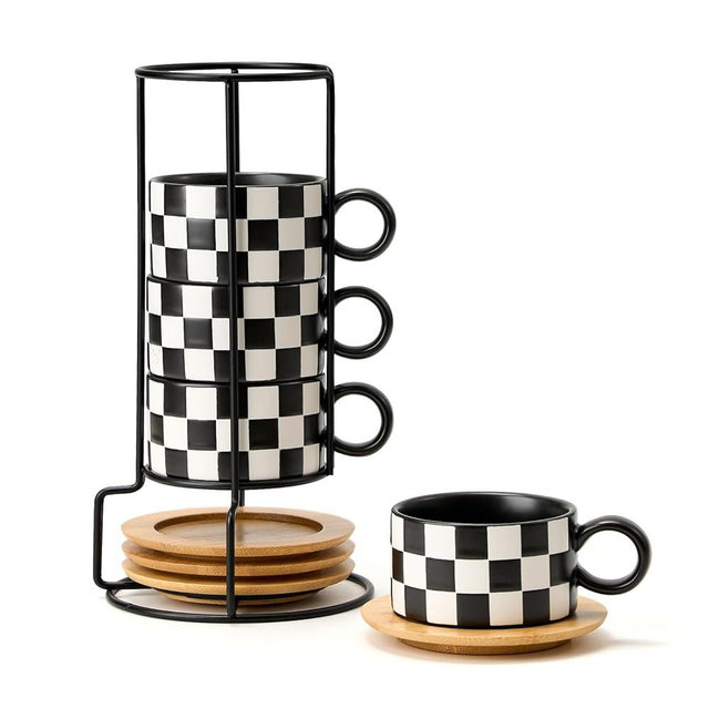LUKA 6 Ounce Ceramic Stackable Black and White Checkered Espresso Cups with Saucers and Metal Stand Set of 4, Cappuccino Cups Set for Coffee Drinks, Latte, Cafe Mocha and Tea, Black Interior