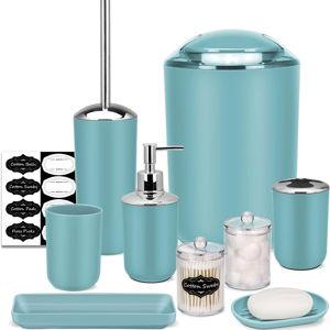 IMAVO Bathroom Accessories Set,Blue Bathroom Set,9 Pieces Bathroom Accessory Set,Tray,Qtip Holders,Toilet Brush,Trash Can for Bathroom Décor and Home Gifts