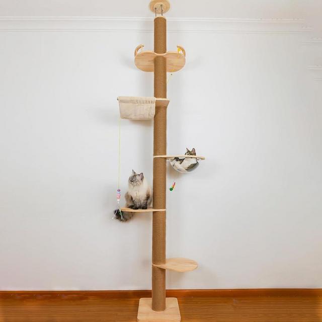 Floor to Ceiling Cat Tree Height (50-120 in) Adjustable Cat Tower 5 Tier Hemp Scratching Post High Cat Tree Sturdy Cat Activity Tree Indoor Outdoor Cat Scratching Post
