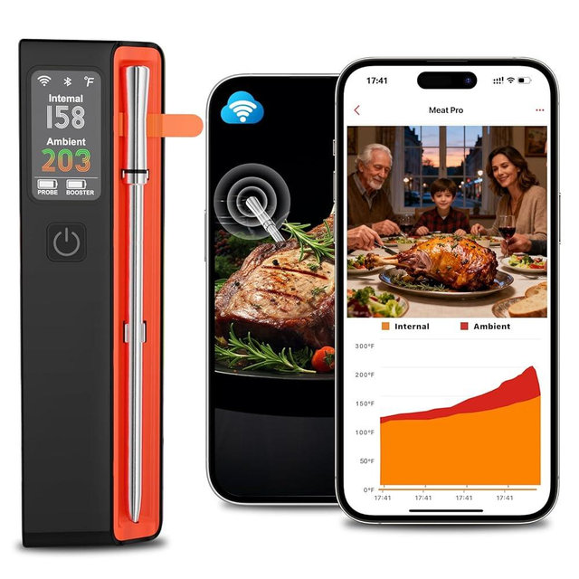 Miouca Wireless Bluetooth Smart Meat Thermometer - WiFi Unlimited Range, 1 Ultra-Thin Probe, 6 Sensors with NIST Certified Accuracy, for BBQ, Grill, Oven, Smoker, Rotisserie - iOS & Android App