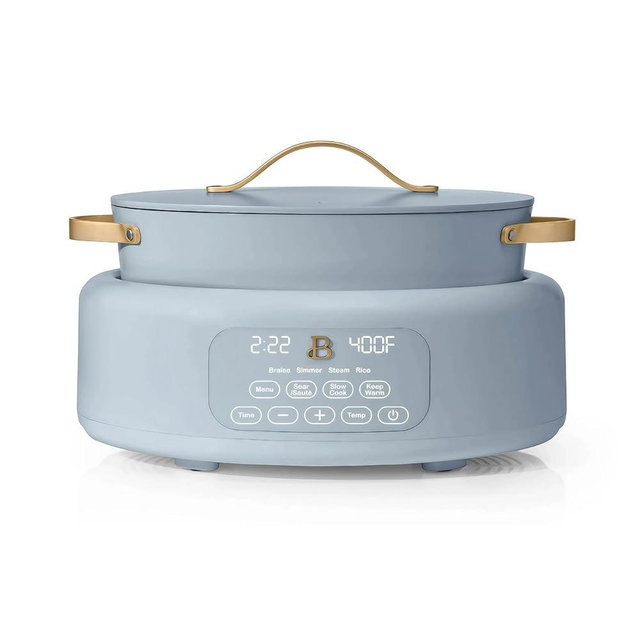 Beautiful 10-in-1 6Qt Electric Multi-Cooker by Drew Barrymore – Slow and Rice Cooker, Steamer, Dutch Oven, Sauté & More – Touch Display, Oven Safe, Dishwasher Safe (Cornflower Blue)