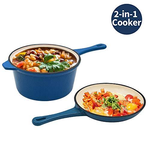 Enameled Cast Iron 2-In-1 Multi-Cooker, AIDEA 2-Quart Skillet and Lid Set, Cast Iron Saucepan - Non-Stick Anti-Rust Ceramic Dutch Oven Pot Frying Pan for Chef Kitchen Restaurant Christmas Gifts-Blue