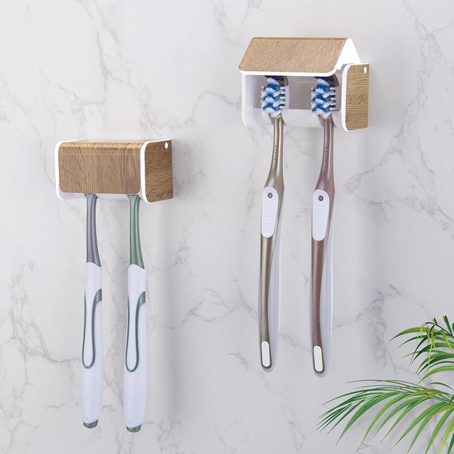 PARKMANI 2 PCS Toothbrush Holders Wall Mounted with Cover, Electric Tooth Brushing Holder for Bathroom, 2 Slots Self Adhesive Toothbrush Organizer, Toothbrush Stand for Family, Kids (2, Wood Grain)