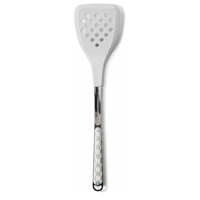 MACKENZIE-CHILDS Slotted Kitchen Spatula, Silicone Spatula for Cooking, Gray-and-White Sterling Check
