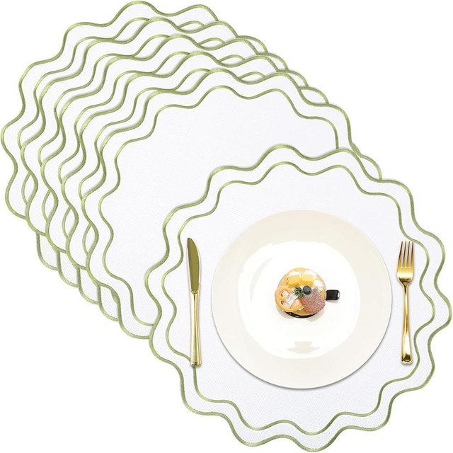 Gandeer Set of 6 Cotton Linen Placemats, 14 Inch Wavy Embroidery Round Placemats Washable Double Layered Rustic Dinner Quilted Decor Fabric for Hotel Restaurant Kitchen(White with Sage Green)