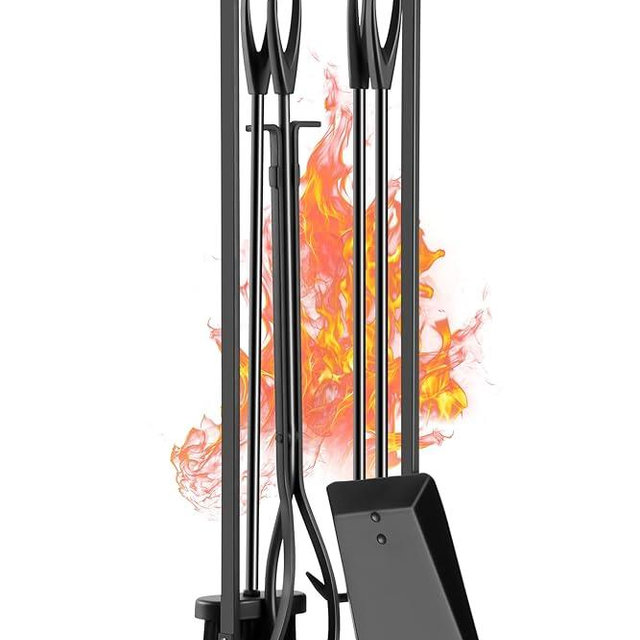 FEED GARDEN 29 Inch Fireplace Tools Set 5 Pieces Indoor Outdoor Wrought Iron Fireplace Accessories Set Wood Stove Fire Place Set with Heavy Duty Tongs,Poker,Shovel,Brush and Stand,Black