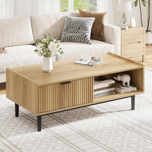 IDEALHOUSE Coffee Table Mid Century Modern Center Table with Drawer 42.5" Fluted Living Room Table with Storage Light Wood Cocktail Table with Open Shelf Rectangle Coffee Table Easy Assembly