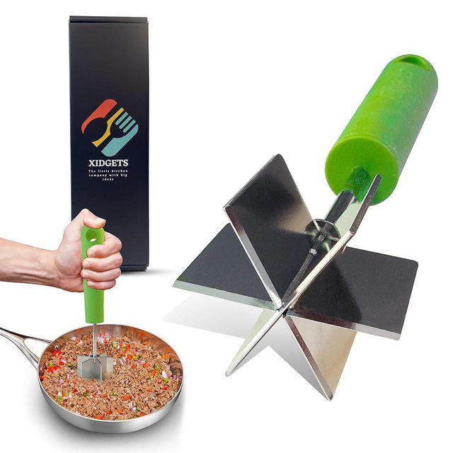 Stainless Steel Meat Masher and Tenderizer with Soft Grip Handle – Heavy Duty Handle & Mashing Head for Ground Beef, Meat, and More – Mighty Meat Masher by Xidgets (Zippy Green)