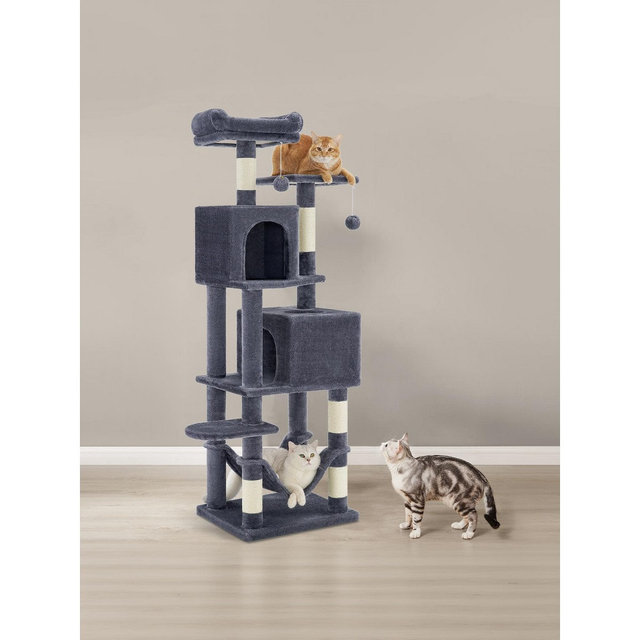 LEDREM 59.4-Inch Cat Tower for Indoor Cats, Plush Multi-Level Cat Condo, Smoky Grey