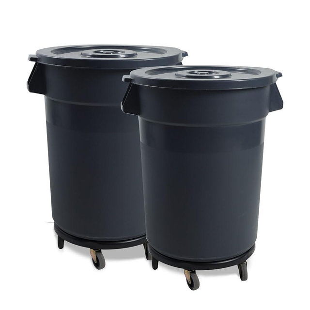 ANGOLOKA 32 Gallon Heavy Duty Plastic Wheeled Outdoor Trash Can, Matte Gray Round Lid Large Garbage Cans，for Shopping Malls, Hospitals, Yards, and Industrial Waste Disposal. (2)