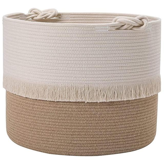 18" x 15" Large Woven Storage Baskets, Cotton Rope Decorative Hamper for Nursery, Toys, Blankets, and Laundry, Cute Tassel Nursery Decor - Home Storage Container - White/Jute