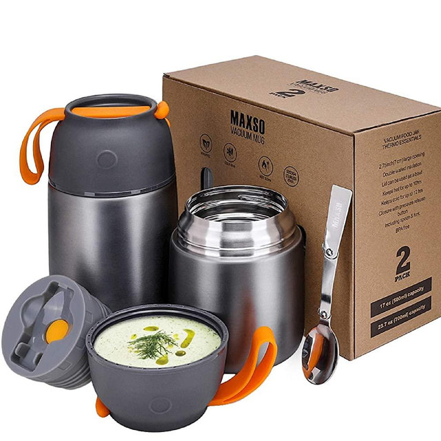 MAXSO 2 Pack Vacuum Insulated Food Jar Hot Food Containers for Lunch School Soup Thermos For Kids,Travel Food Flask Hot Cold (24oz,17oz) (Grey)