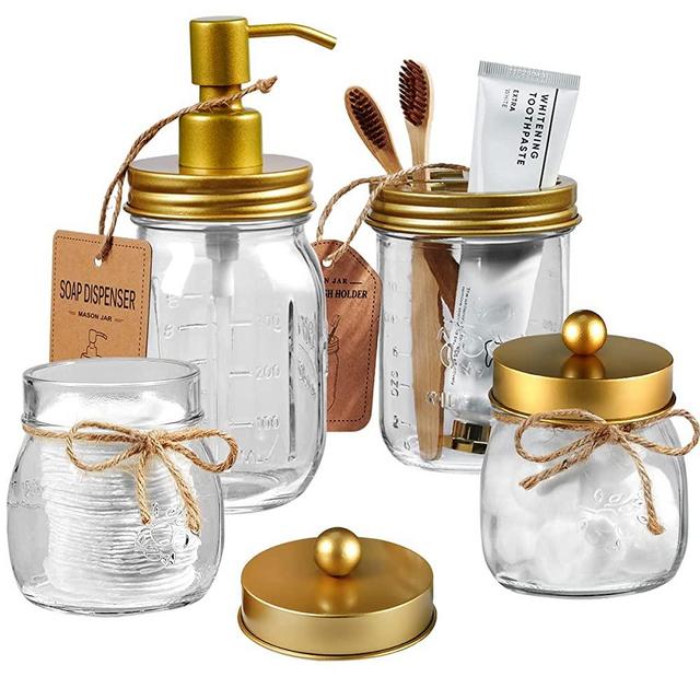 Amolliar Mason Jar Bathroom Accessories Set(4 Pcs) -Lotion Soap Dispenser & 2 Cotton Swab Holder &Toothbrush Holder-Rustic Farmhouse Decor,Countertop Vanity Organize，Bathroom Home Decor (Gold)