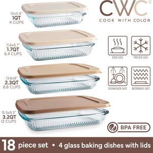 COOK WITH COLOR 8-Piece Deep Glass Baking Dish Set with Plastic Lids – Casserole and Food Storage Containers for Lasagna, Leftovers – Freezer-to-Oven, Microwave & Dishwasher Safe, Brown