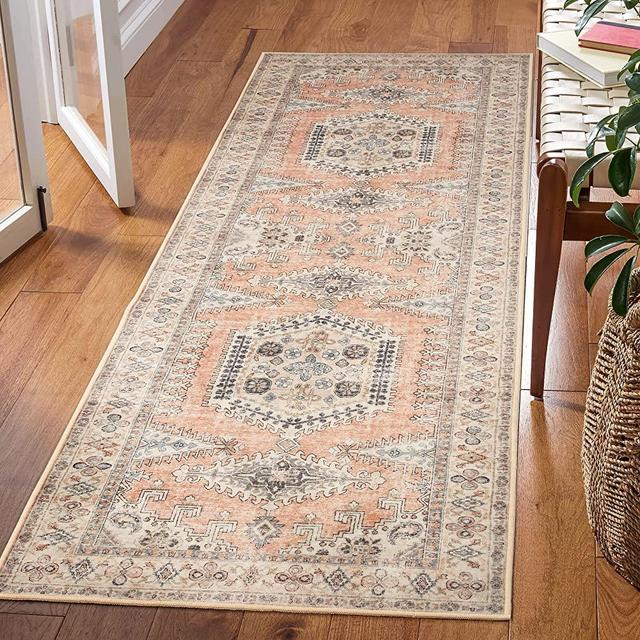 Valenrug Washable Runner Rug 2'6x8 - Ultra-Thin Antique Collection Area Rug, Stain Resistant Rugs for Living Room Bedroom, Distressed Persian Boho Rug(Peach/Yellowish, 2'6"x8')
