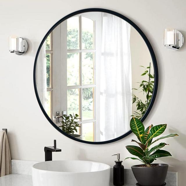 VASUHOME HD Round Mirror for Wall 16 Inch, Black Modern Circle Mirror with Aluminium Frame, Decorative Wall Round Mirror for Bathroom, Living Room, Bedroom, Entryway
