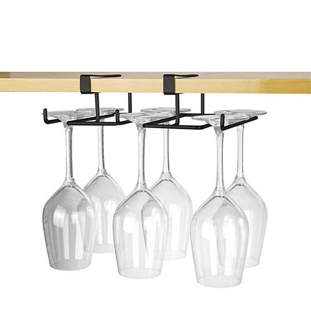 Bafvt Wine Glass And Mug Holder - Stemware Rack Under Cabinet - 304 Stainless Steel Hanger Storage Shelf, Fit for The Cabinet 0.8“ or Less (Black, 18cm-3 Rows)