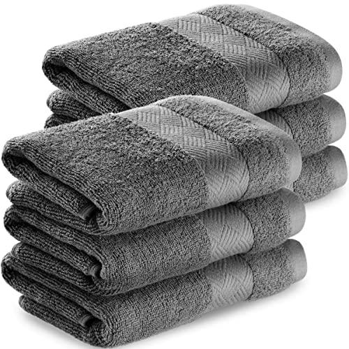 Alibi Hand Towels for Bathroom | 6 Pack of Soft & Absorbent 16” x 30” Luxury Cotton Hand Towel | Thick, Plush, Decorative Stripe, Woven Border & Machine Wash for Home Bath, Hotel & Spa | Gray