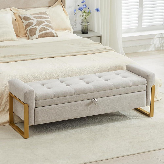 adochr 57" Storage Ottoman Bench, Linen Upholstered End of Bed Storage Bench with Metal Legs & Button-Tufted, Large Ottoman with Storage 500 lb Capacity, for Living Room, Bedroom, Entryway, Beige