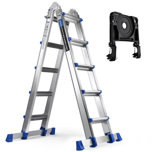 HBTower A Frame 5 Step Extension Ladder, 19 Ft Multi Position Ladder with Removable Tool Tray and Stabilizer Bar, 330 lbs Capacity Telescoping La dder for Household and Outdoor Work (Blue, 19FT)