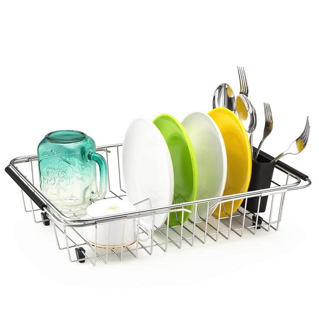 iPEGTOP Expandable Dish Drying Rack, Over the Sink, In Sink Or On Counter Dish Drainer with Black Removable Utensil Holder, Rustproof Stainless Steel