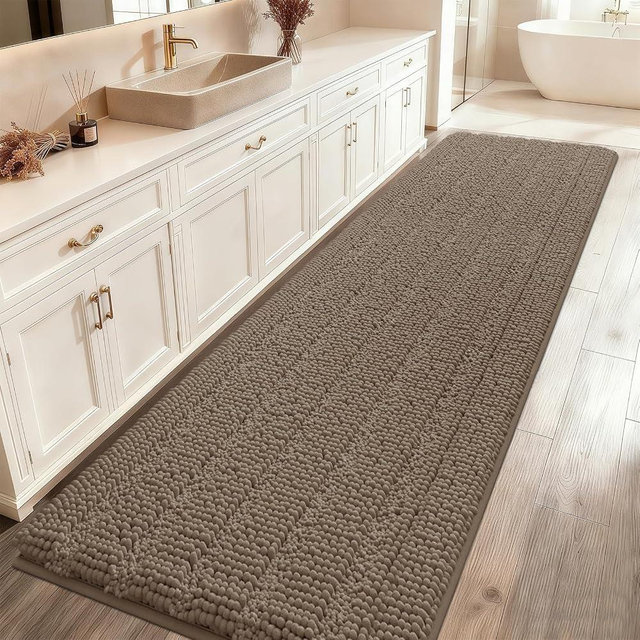 ACCUMTEK Extra Long Striped Dark Beige Bathroom Rug Mat 70"x24" Ultra Soft, Non Slip Chenille Bath Rugs, Absorbent Plush Shaggy Bath Mats for Bathroom, Bedroom, Kitchen, Shower, Tub,Taupe