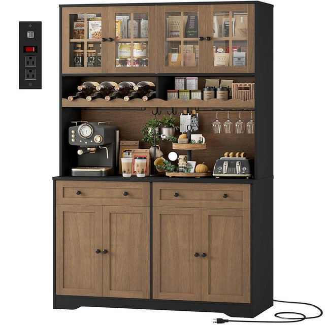 HOSTACK 75.4" Tall Kitchen Pantry Cabinet with Charging Station, Modern White Kitchen Hutch with Microwave Stand and Wine Rack, Large Food Pantry Storage Cabinet with Glass Doors and Drawers, Brown