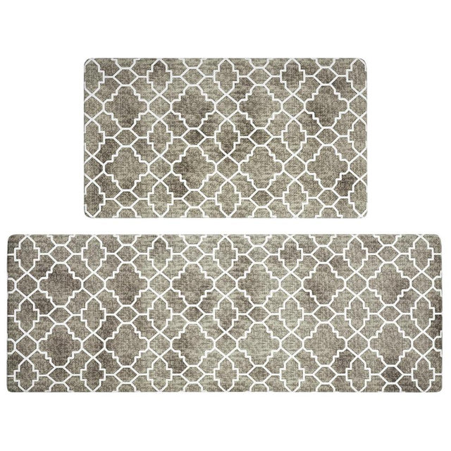 FRESHMINT Kitchen Mat Set of 2, Anti-Fatigue Cushioned Kitchen Mats for Floor, Waterproof Non Slip Comfort Standing Mat, Boho Kitchen Rug for Kitchen Decor, Sink, Office, 17"x30"+17"x47", Khaki Tan