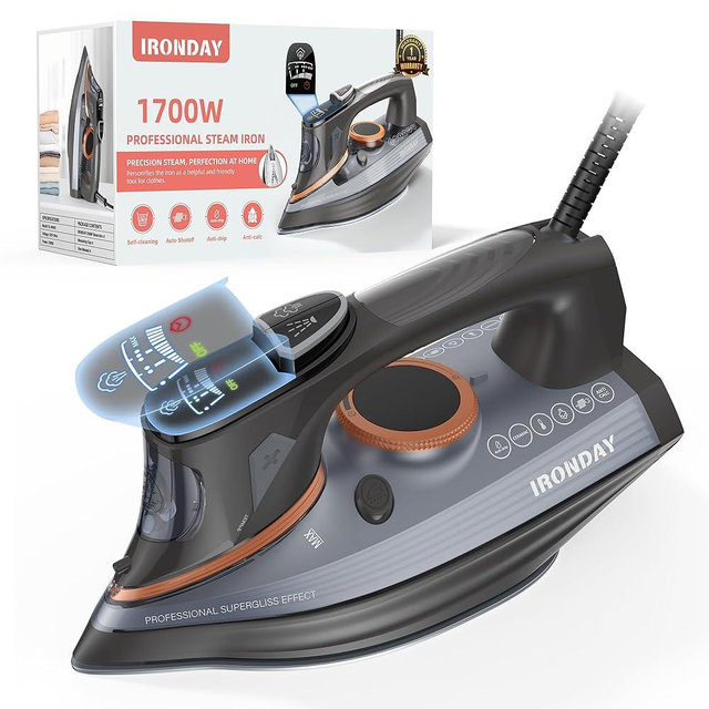 IRONDAY Steam Iron for Clothes with LCD Screen, 1700W Iron Non-Stick Ceramic Soleplate, Auto Shutoff, Self-Cleaning, Anti-Drip, Steam Burst, Spray Mist 10.14oz Water Tank Ironing Clothes for Home,Grey