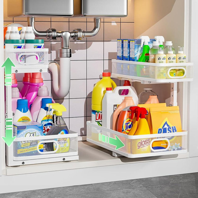 Under Sink Organizer, Height Adjustable 2 Tier Under Sink Organizers and Storage, Slide Out Metal Cabinet Organizers, Pull Out Sink Storage Drawer Shelf for Kitchen Bathroom Cabinet, White, 2 Pack