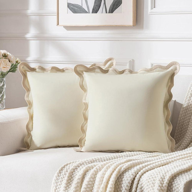 Fancy Homi Set of 2 Boho Cream Decorative Throw Pillow Covers 18x18 Inch with Scallop Edging for Couch Bed Indoors, Aesthetic Neutral Home Decor, Soft Velvet Accent Beige Pillow Case 45x45 cm