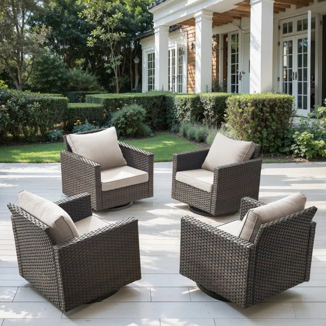 POCASSY Square Armrest Outdoor Swivel Rocker Patio Chairs Set of 4, Brown Wicker Furniture Swivel Patio Chairs for Porch, Poolside, Deck, Beige