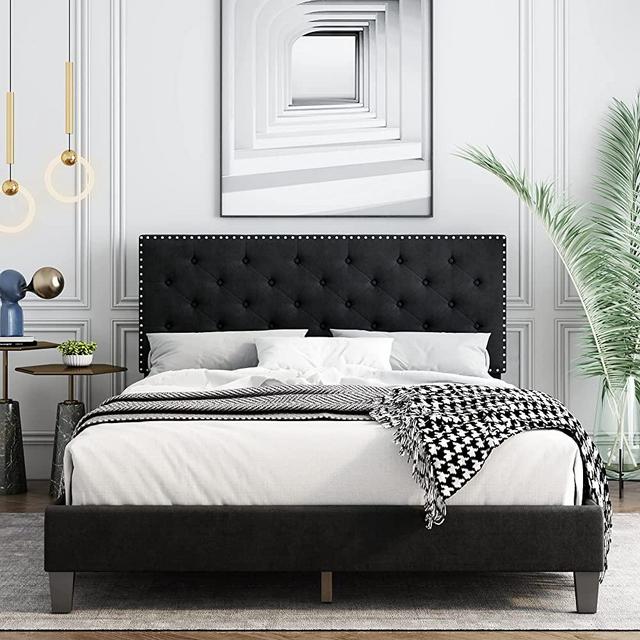 King Bed Frame, Upholstered Platform Bed Frame with Adjustable Headboard, Button Tufted Mattress Foundation with Sturdy Wood Slat Support, No Box Spring Required, Easy Assembly (Black, King)