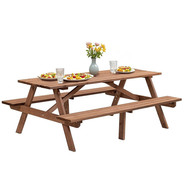 Outdoor Wooden Picnic Table with Benches and Umbrella Hole, Rustic Style Lifetime Picnic Table Bench Set for 6 or 8 Person for Backyard, Porch, Patio, and Deck, Brown